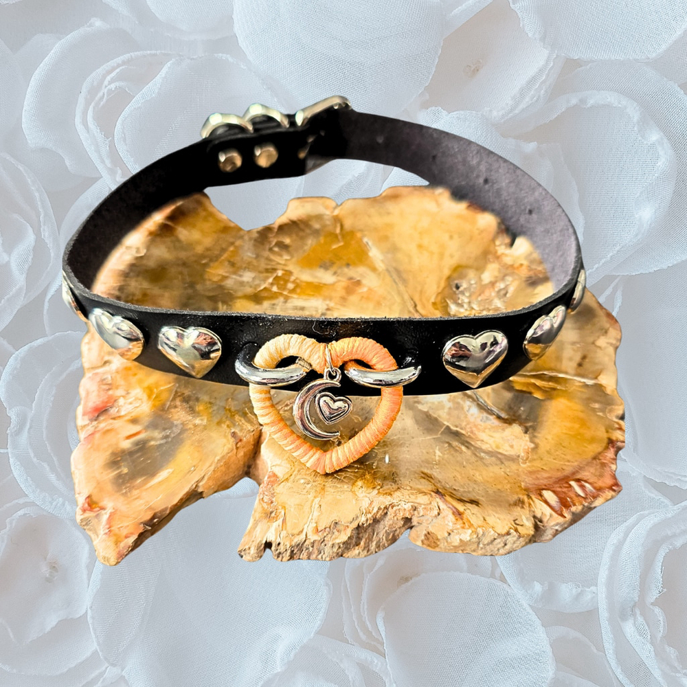 Harvest Moon Studded Leather Choker - Handmade Ombré Wrapped Heart Collar goth